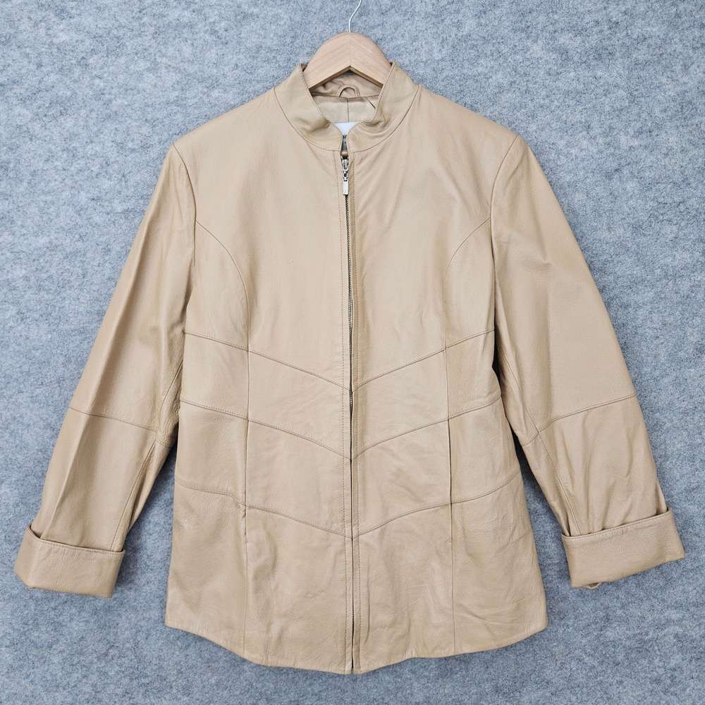 Pamela McCoy Women's Tan Genuine Leather Zip Jacket Coat Size M Mock Neck Lined